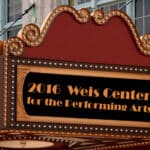 Graphic of burgundy and gold theater marquee with gold and white lights displaying gold text on black background: Text: "2016 Weis Center for the Performing Arts"