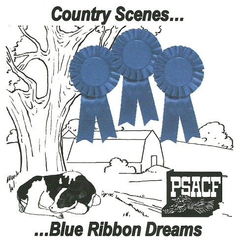 Black & white drawing of cow lying under tree, barn and hill in background with three blue ribbons superimposed Text: Country Scenes...Blue Ribbon Dreams