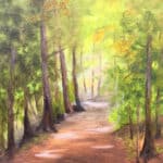 Painting of allee of green trees lining brown dirt path toward clearing with sunlight in distance