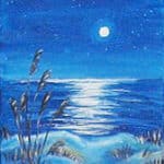 Painting of blue sea and starry sky with moonlight on water and shore in foreground