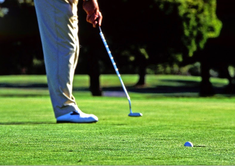 closeup of man's legs, hands and golf club on putting green as white golf ball rolls into cup, trees and shadows behind