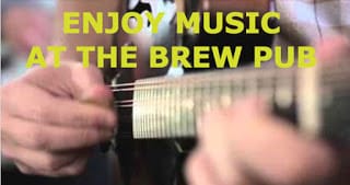 quote "enjoy music at the brew pub" - background is close up of guitarist strumming