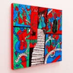 music themed art work with red violin blue banjo piano keys and more musical instruments