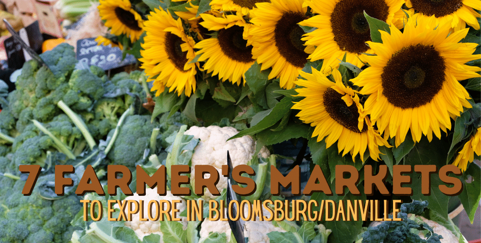 Background of veggies and sunflowers with text: Farmer's Markets to Explore in Bloomsburg/Danville