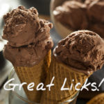 Double dip chocolate ice cream cone on left, single dip on right and behind, Text: Great Licks!