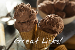 Great Licks! Double dip chocolate ice cream cone on left, single dip on right