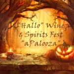 Drawing of arching scary trees with lighted orange jack in right corner Text: Hallowine & spirits festaPaloosa