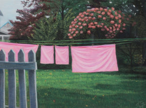 pink sheets on clothesline by Pam Thomas