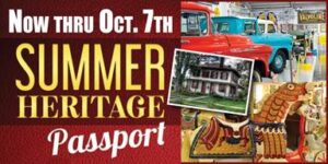 Collage or red & blue trucks, white house with lawn, carousel horse Text - now thru Oct. 7th Summer Heritage Passport