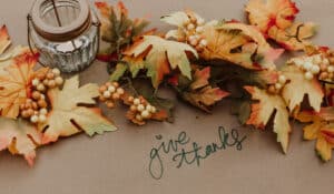 Orange and yellow leaves and votive lantern with handle - GIVE THANKS!