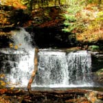 Ricketts Glen white rushing waterfall with pool surrounded by fall leaves below and orange yellow and green trees above