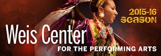 head and shoulders of woman in pink green and blue dress and headdress Text: Weis Center for the Performing Arts 2015-16 season