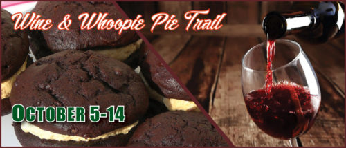 whoopie pies and red wine pouring into glass from bottle Text: wine and whoopie pie trail October 5-14