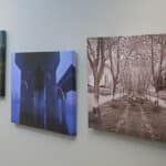 Three art works on grey wall - one seascape one blue architectural elements one sepia allee of trees