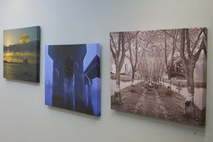 Three art works on grey wall - one seascape one blue architectural elements one sepia allee of trees