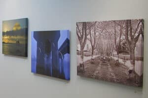 Three art works on grey wall - one seascape one blue architectural elements one sepia allee of trees