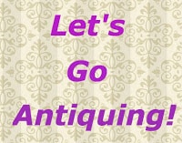 two tone beige lacy design repeated on background Purple text: Let's go antiquing!