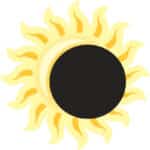 drawing of yellow sun with yellow and gold rays, black disk in front representing eclipse