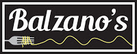 Balzano's in white text  on black background with tip of fork and strand of curving spaghetti