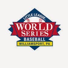 Diamond shaped red, blue, yellow, white logo: Little League World Series Baseball Williamsport PA