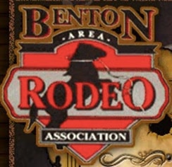 Light brown, black, red and gray Benton Area Rodeo Association logo