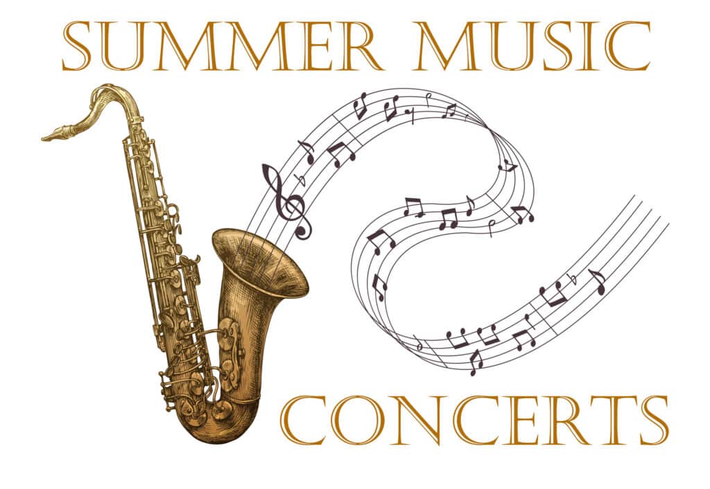 drawing of brass saxophone with musical notes on staff flowing out of horn text: Summer concert series