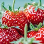 cluster of 4 ripe red strawberries with green stems