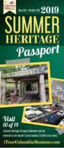 Green brochure cover for 2019 Summer Heritage Passport with pictures of Pioneer Tuneel and cars