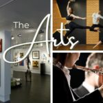 An art gallery, ballet dancers, and orchestra flautists with text overlay “The Arts.”
