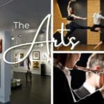 An art gallery, ballet dancers, and orchestra flautists with text overlay “The Arts.”