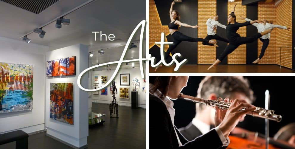 An art gallery, ballet dancers, and orchestra flautists with text overlay “The Arts.”