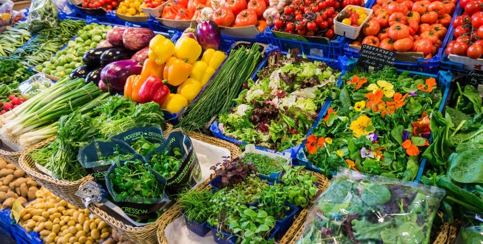 Display of fresh vegetables at farmers market