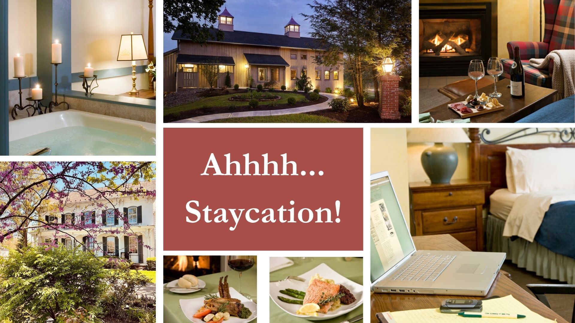 collage of rooms, meals, property of turkey hill with text ahhh staycation