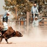 Cowboy riding a bull in a rodeo