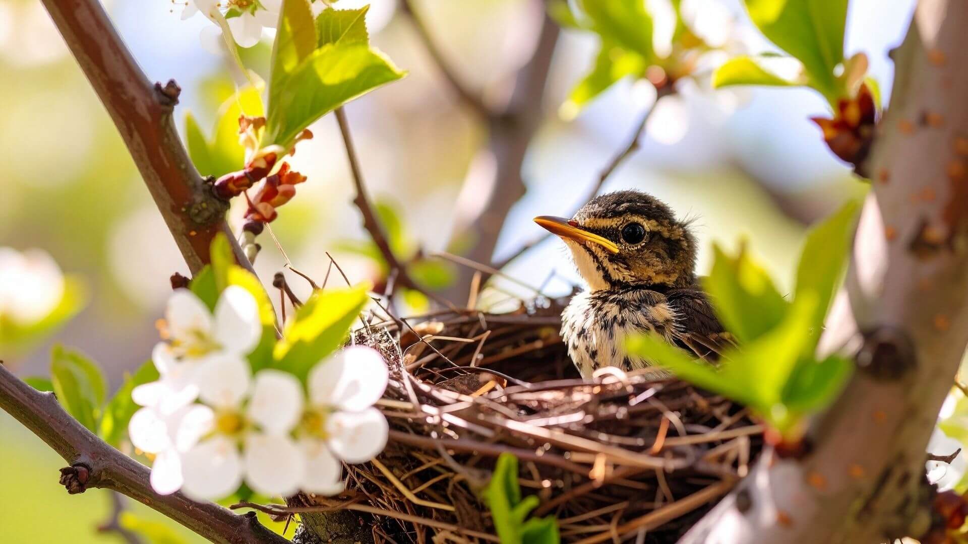 Small bird sitting in a nest among tree branches with green leaves and white blossoms, lit by warm sunlight.