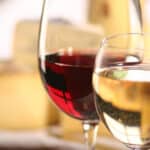 closeup of white wine in glass and red wine in glass